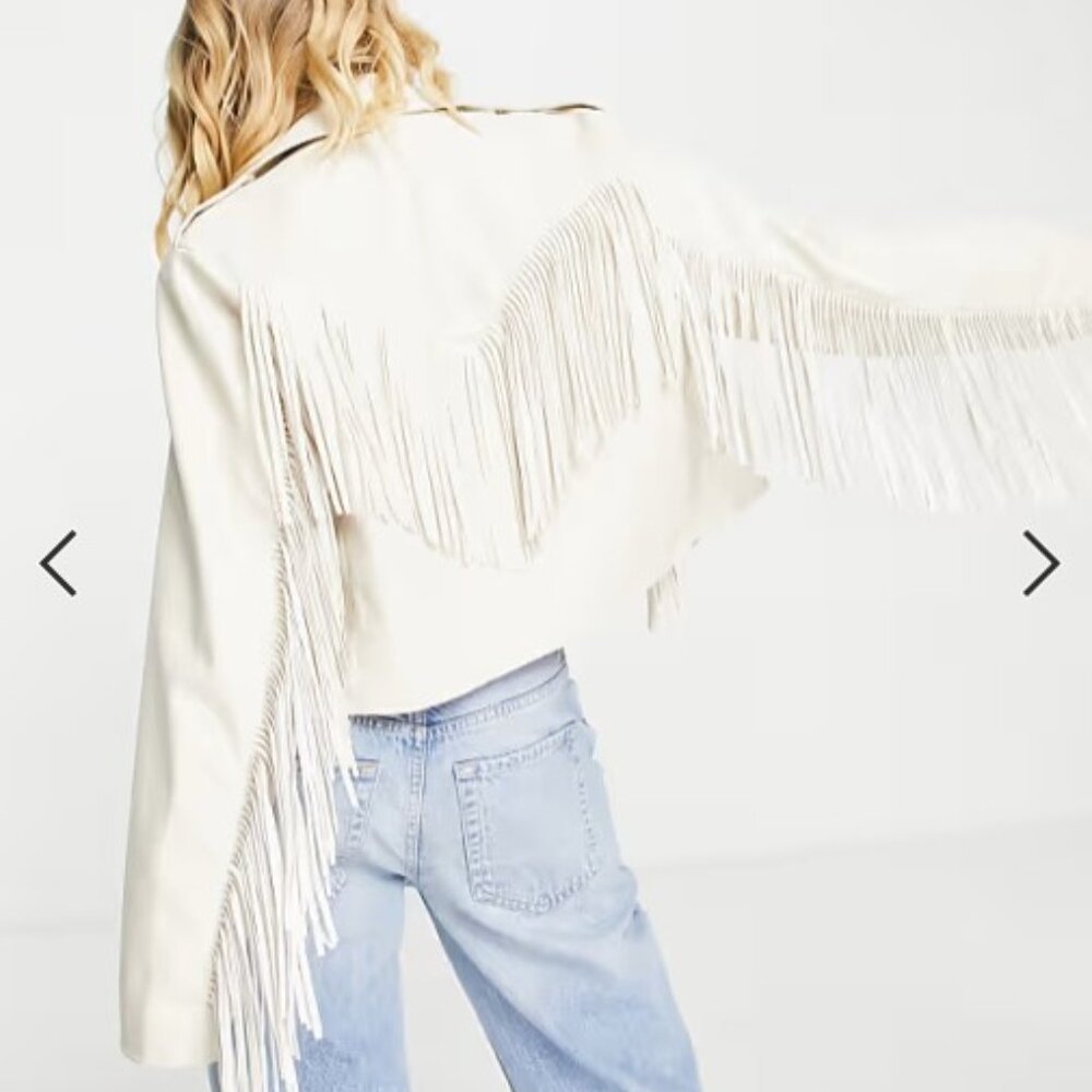 ASOS Design Faux Leather Fringed Biker Jacket in White - Size 4 (Small)